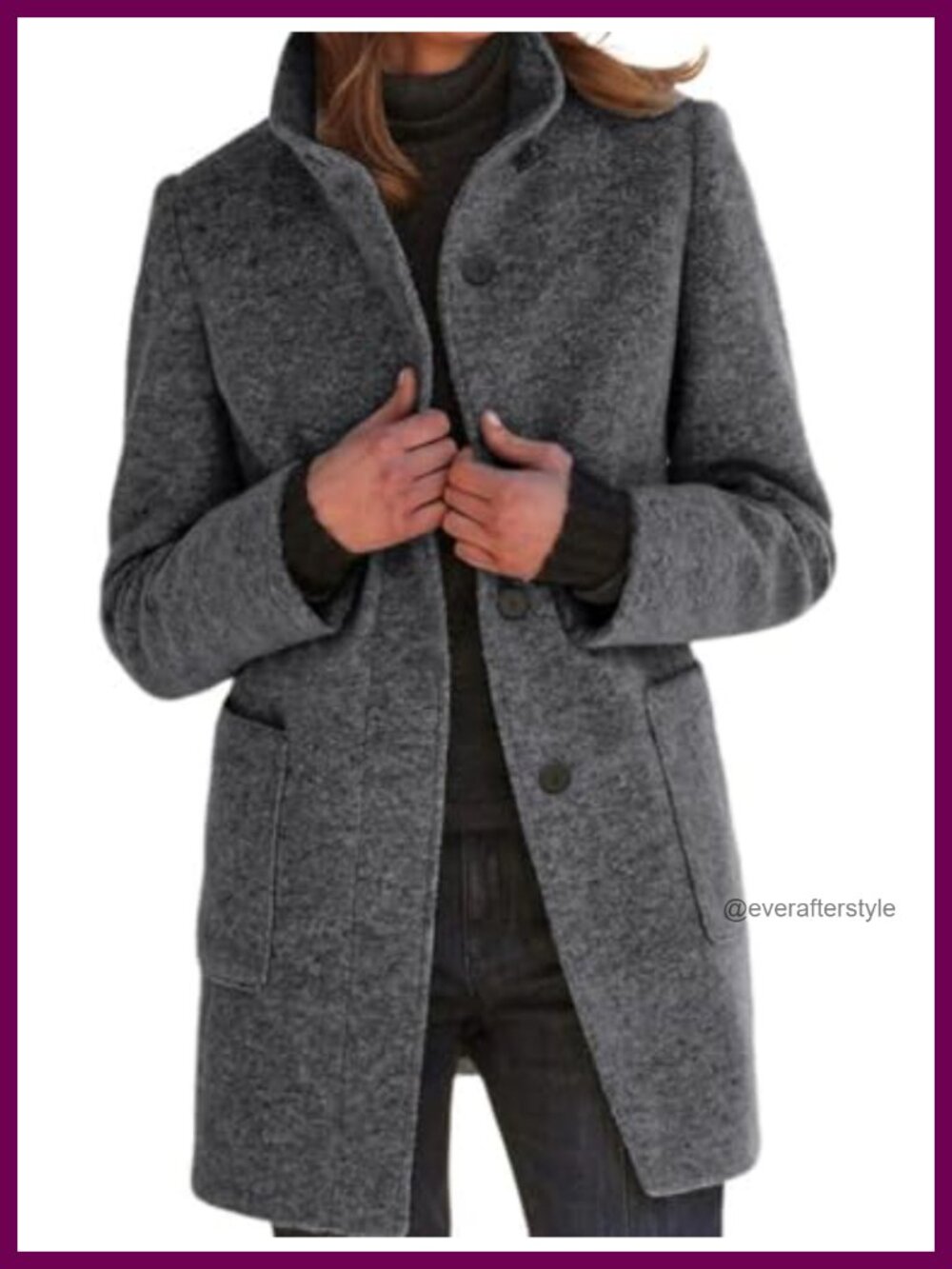 Wool Blend Long Pea Coat Stand Collar Single Breast Blazer Jacket